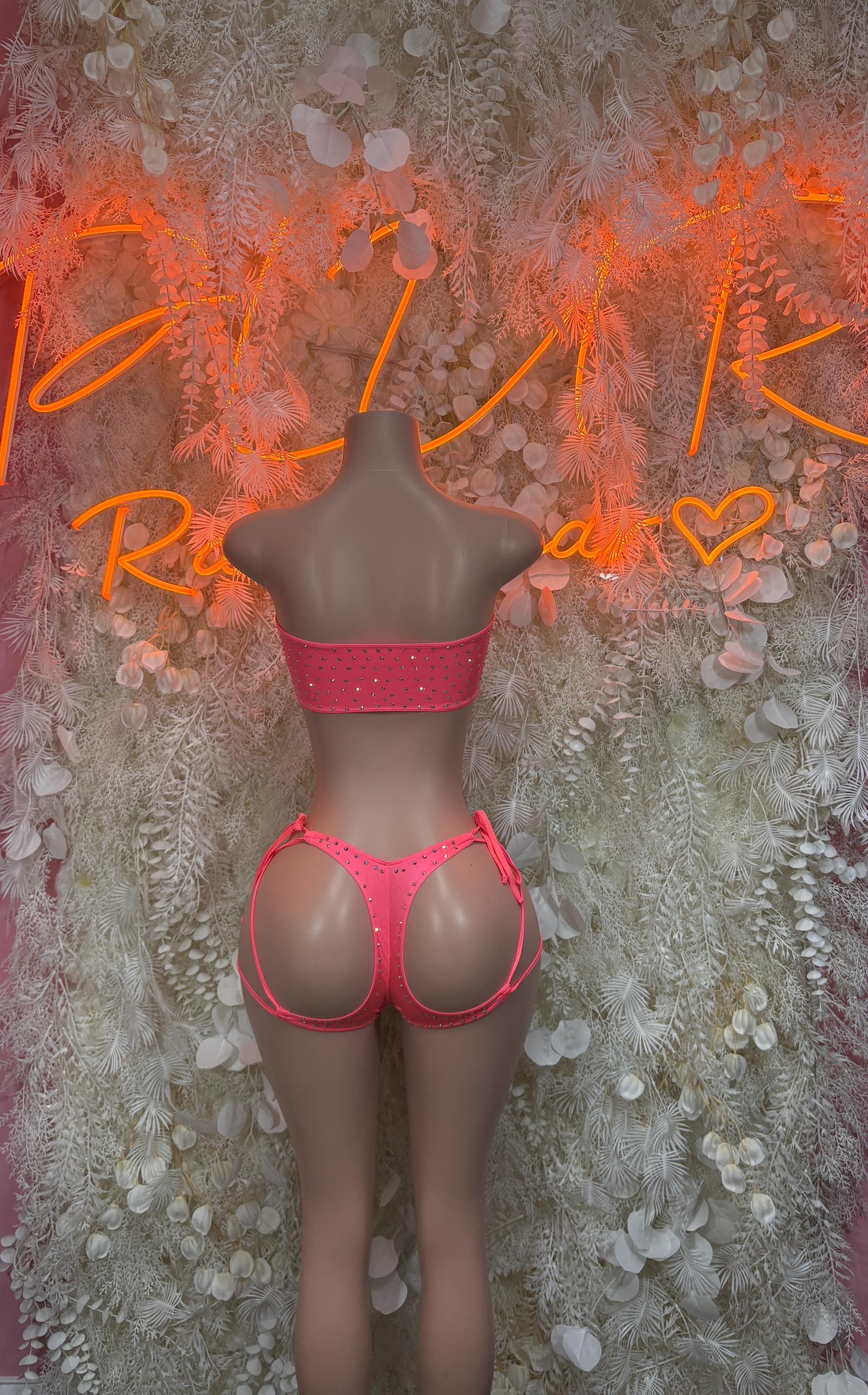 Coral rhinestone two-piece bodysuit with halter crop top and lace-up front bottoms