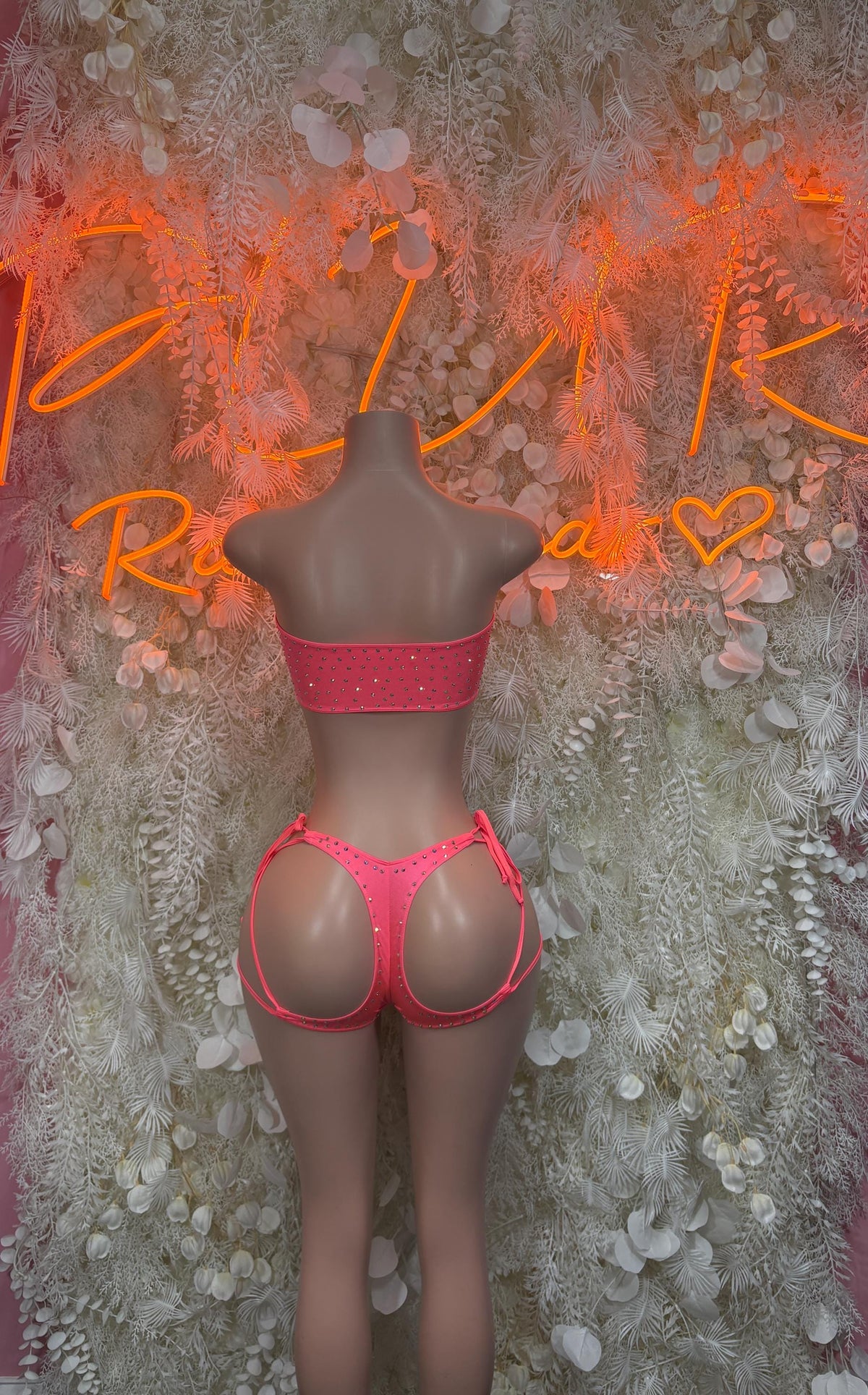 Coral Rhinestone Two-Piece Bodysuit – UV Reactive Festival Rave Dancewear (Glow-in-the-Dark) - image 2