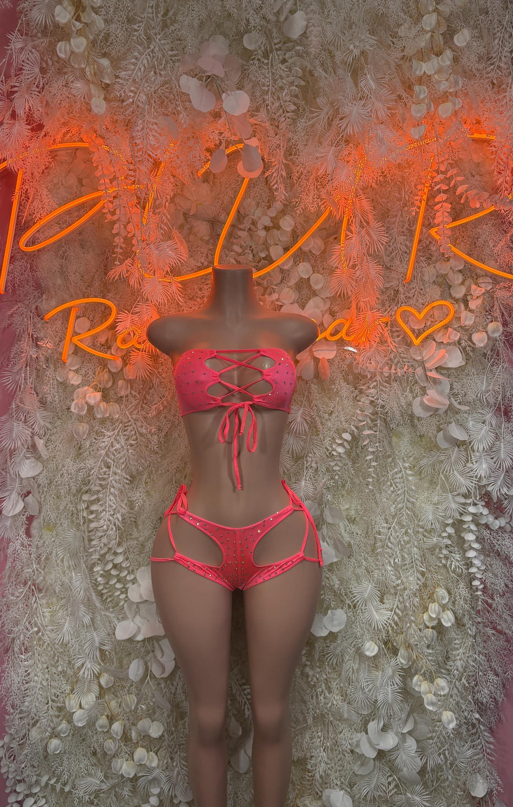 Coral Rhinestone Two-Piece Bodysuit – UV Reactive Festival Rave Dancewear (Glow-in-the-Dark)