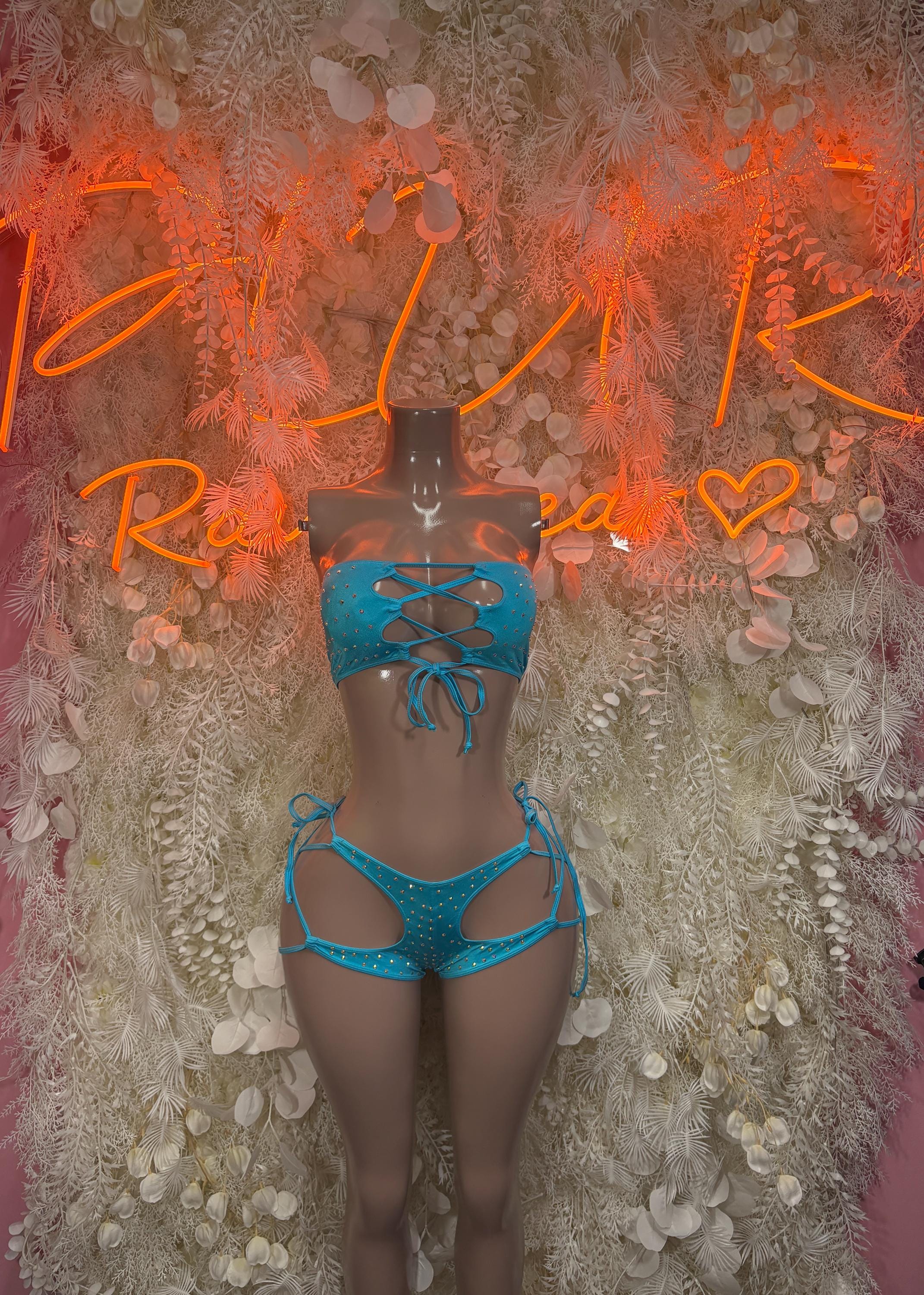 Blue rhinestone two-piece dance set with lace-up bralette top and high-cut bottoms