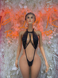 Black rhinestone halter bodysuit with slingshot cut and strappy front, no sleeves