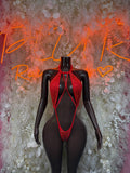 Red rhinestone halter bodysuit with strappy V-front and open back