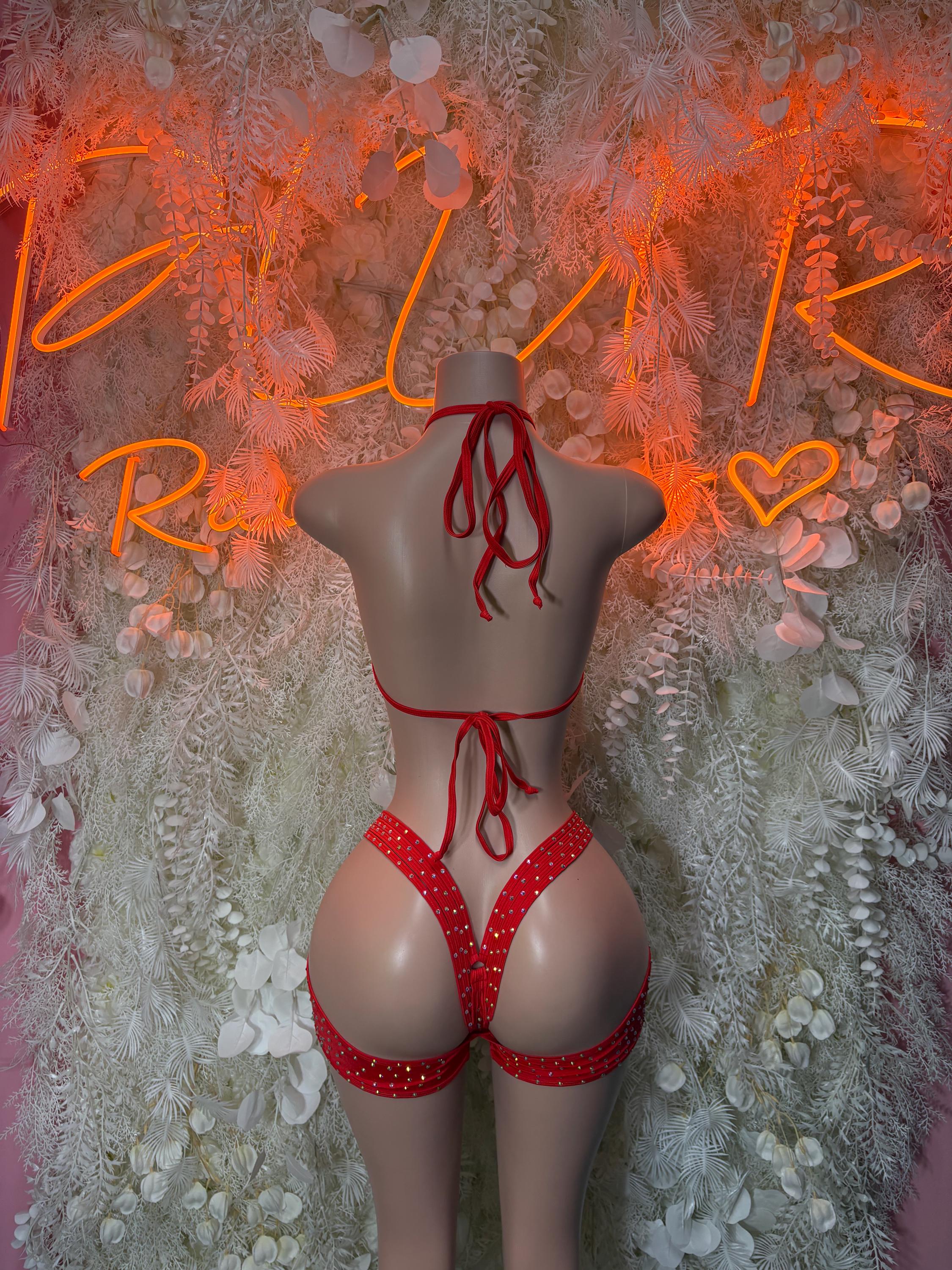 Red rhinestone bodysuit back view with halter ties and cutout shorts