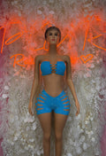 Blue rhinestone strapless bra top and matching high-waist shorts, front view