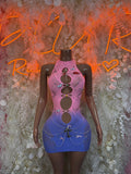 Fishnet one-piece clubwear dress, pink-to-blue gradient with cutout front