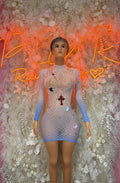 Light blue fishnet mesh mini dress with long sleeves and cross detail