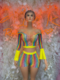 Rainbow iridescent fishnet festival romper with long bell sleeves and neon trim