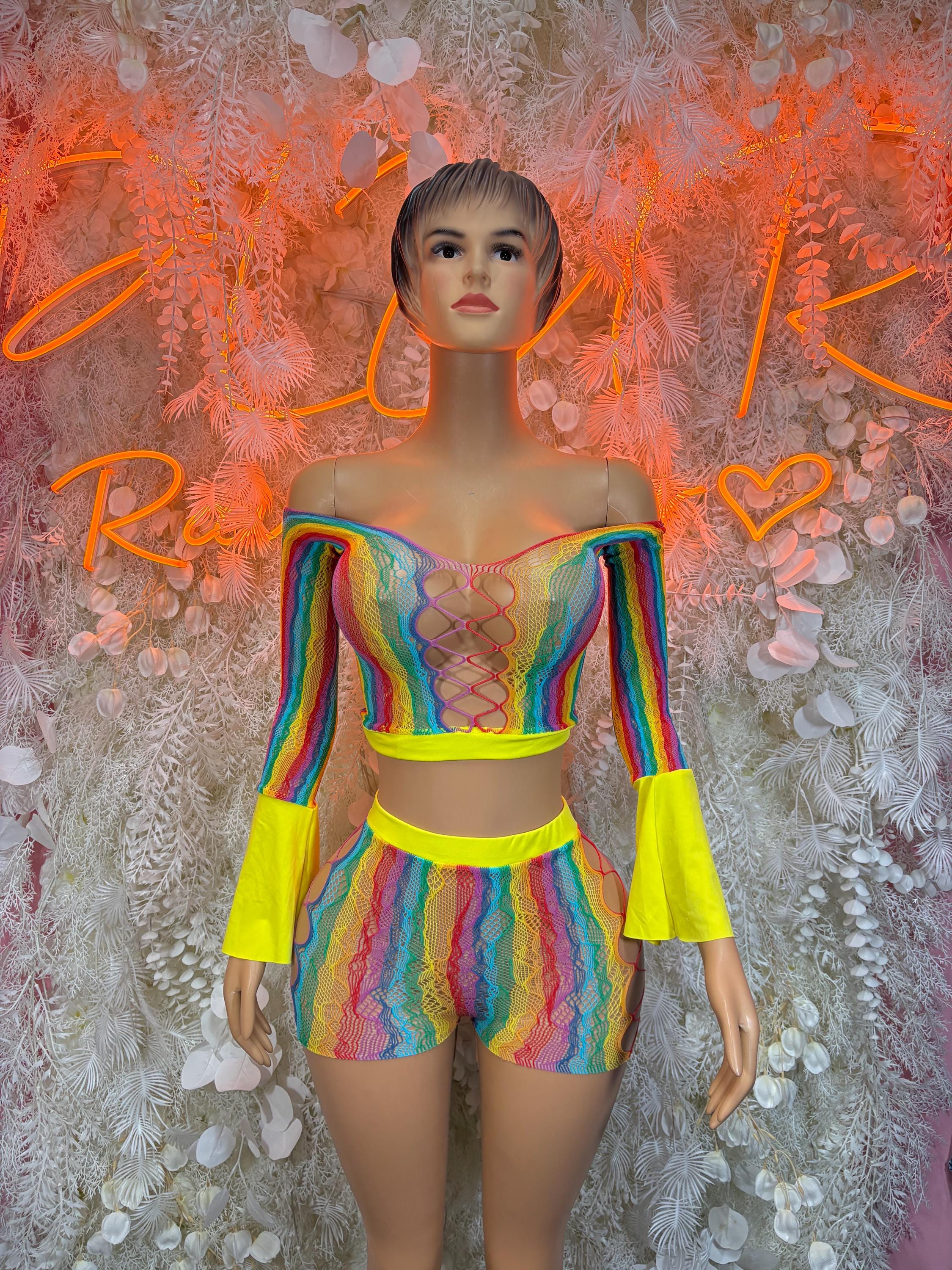 Rainbow iridescent fishnet festival romper with long bell sleeves and neon trim