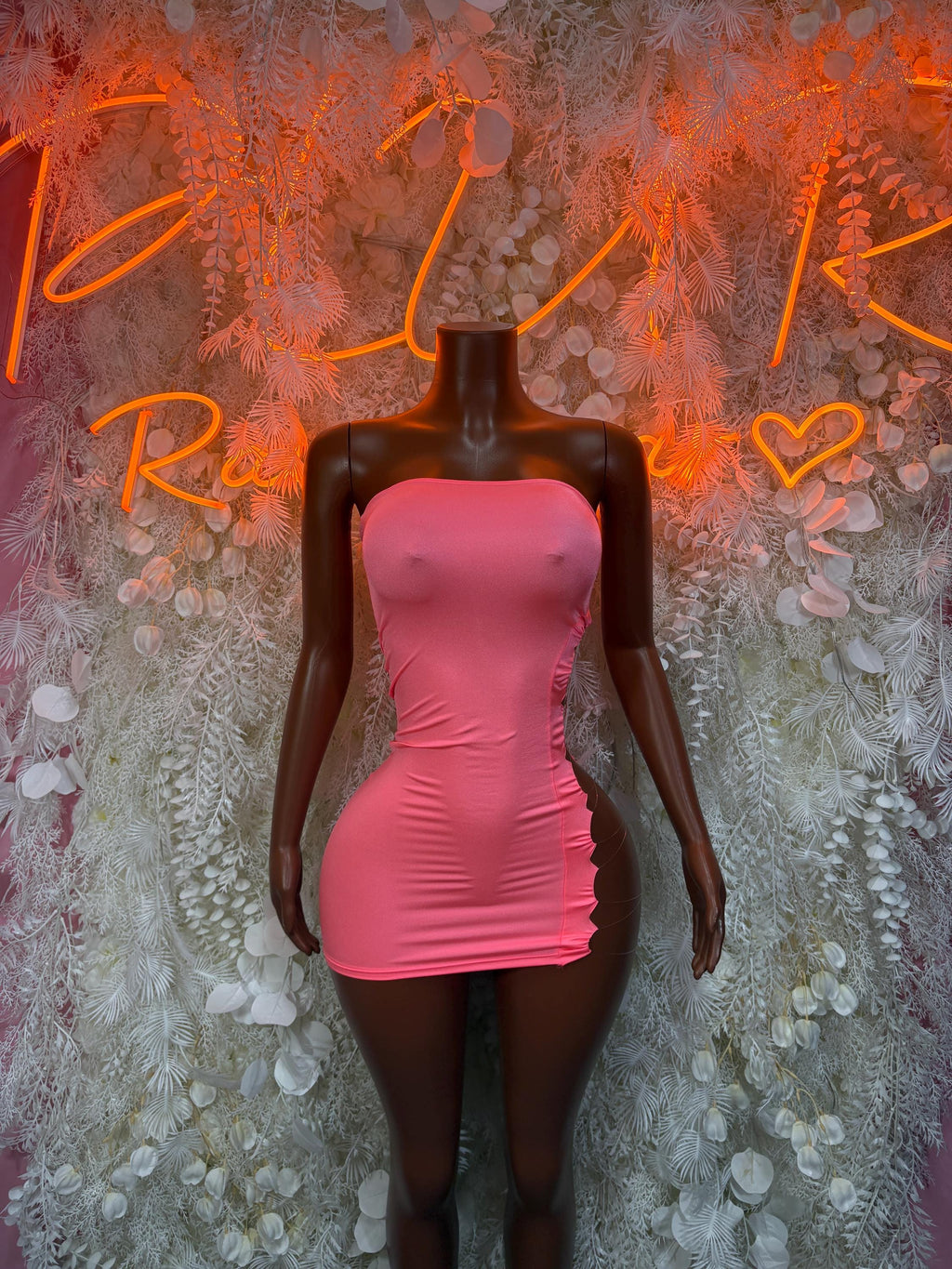 Pink ruched mini dress, scoop neckline, fitted sleeveless cut