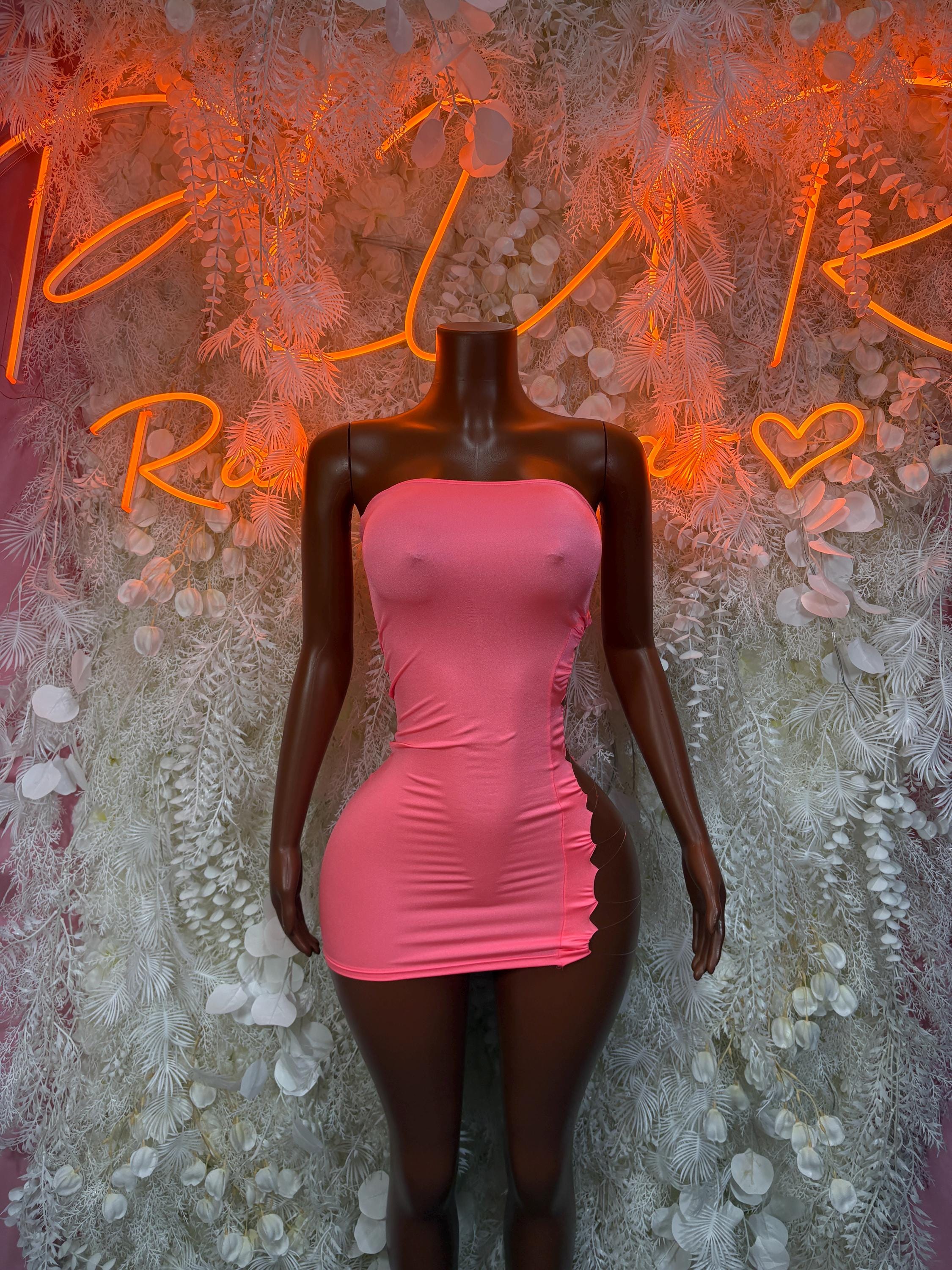 Pink ruched mini dress, scoop neckline, fitted sleeveless cut