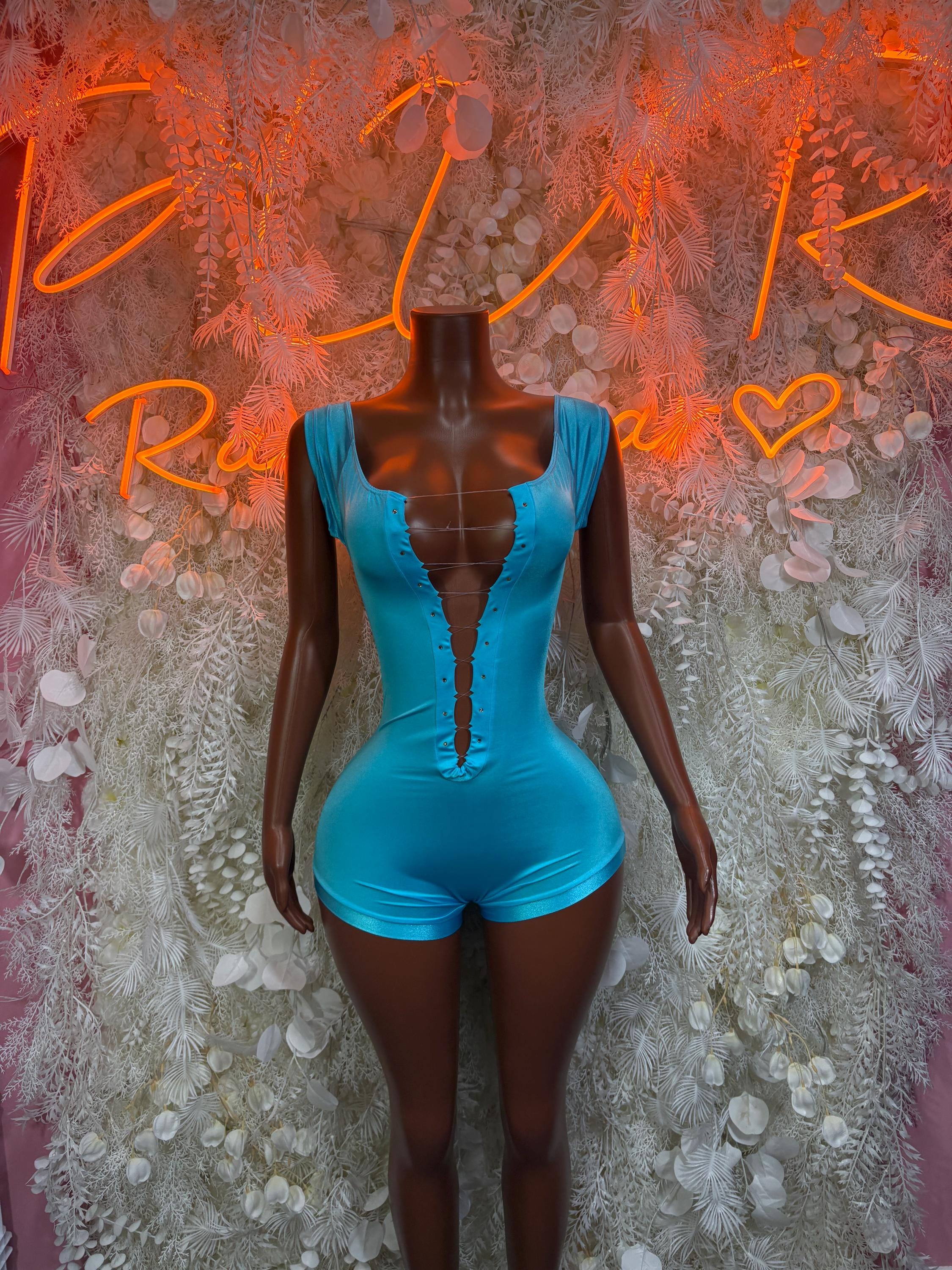 Turquoise blue sleeveless bodysuit romper with deep V neckline and center seam