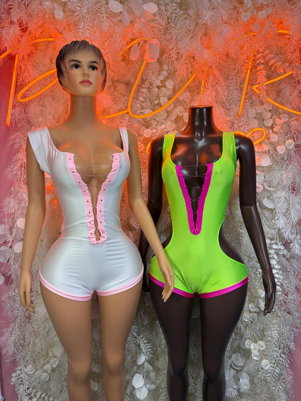Green and pink sleeveless bodysuit with front V panel and thong-style bottom