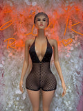 Black mesh rave bodysuit with halter neck and front V neckline