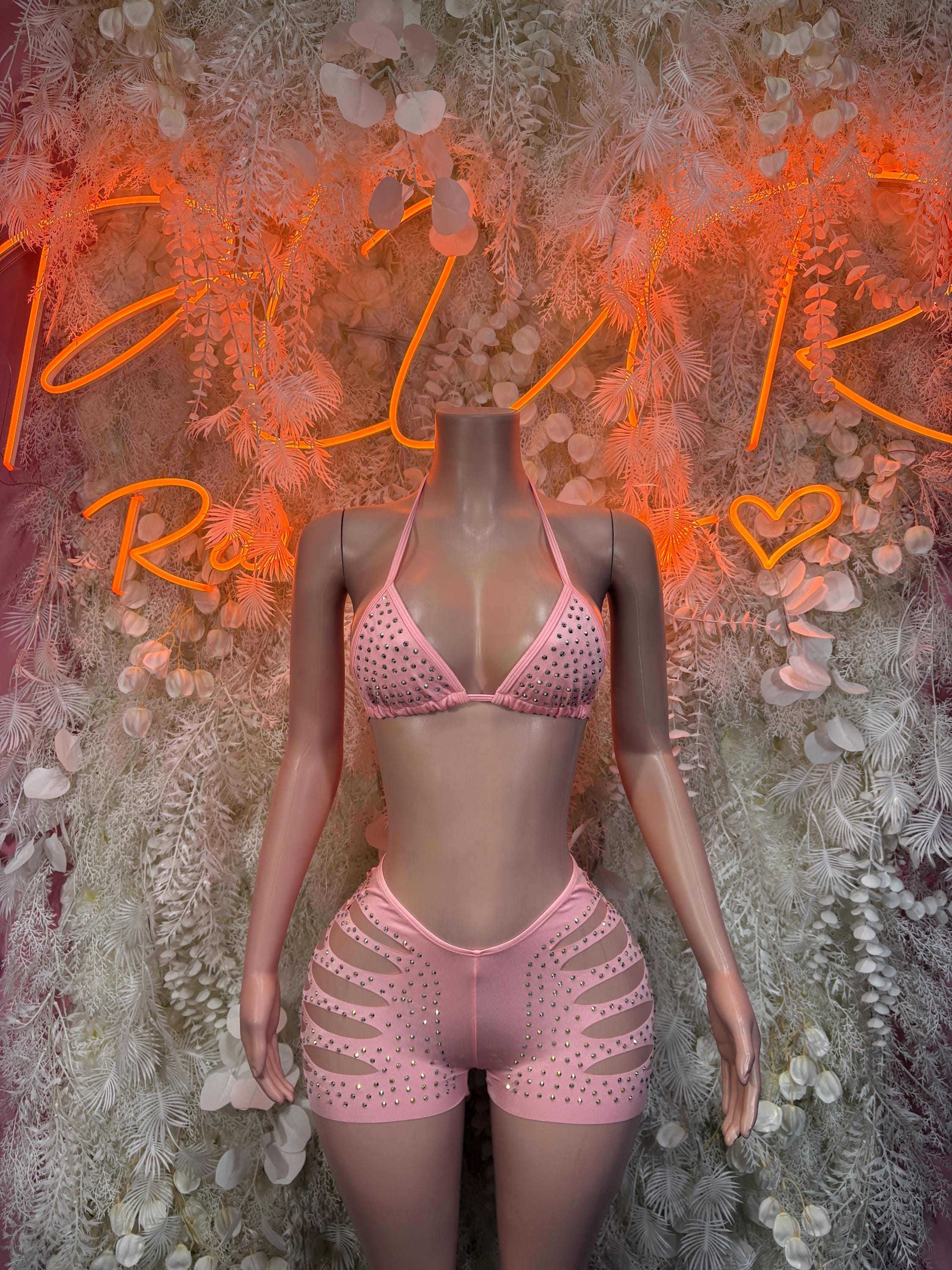 Pink rhinestone triangle bra and matching two-piece shorts costume