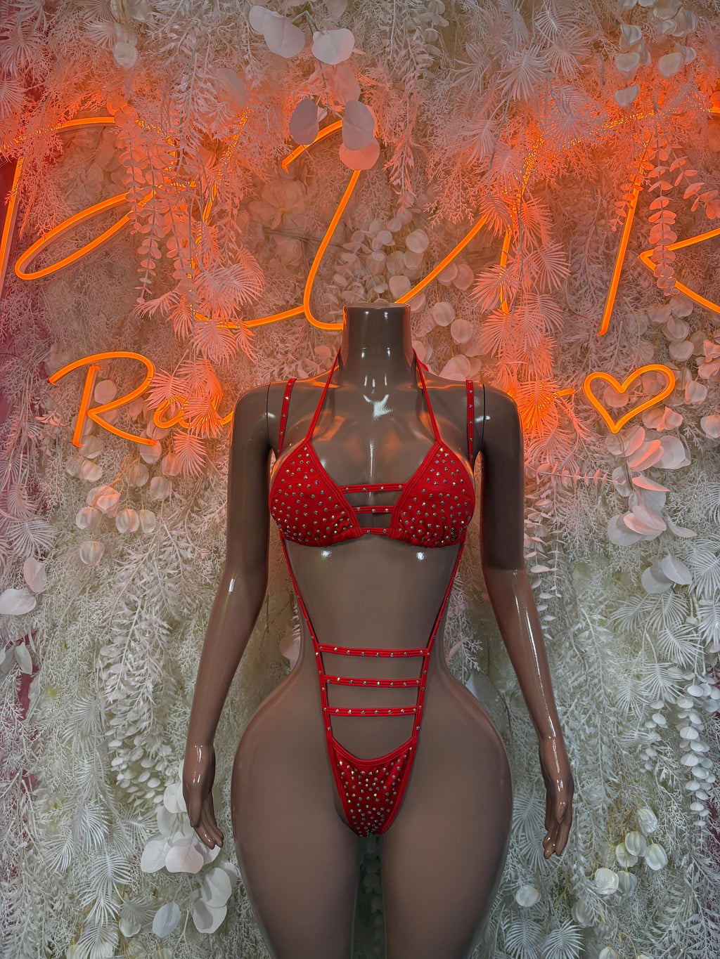 Red rhinestone rave two-piece set: triangle bra and high-cut thong with strappy waistband.