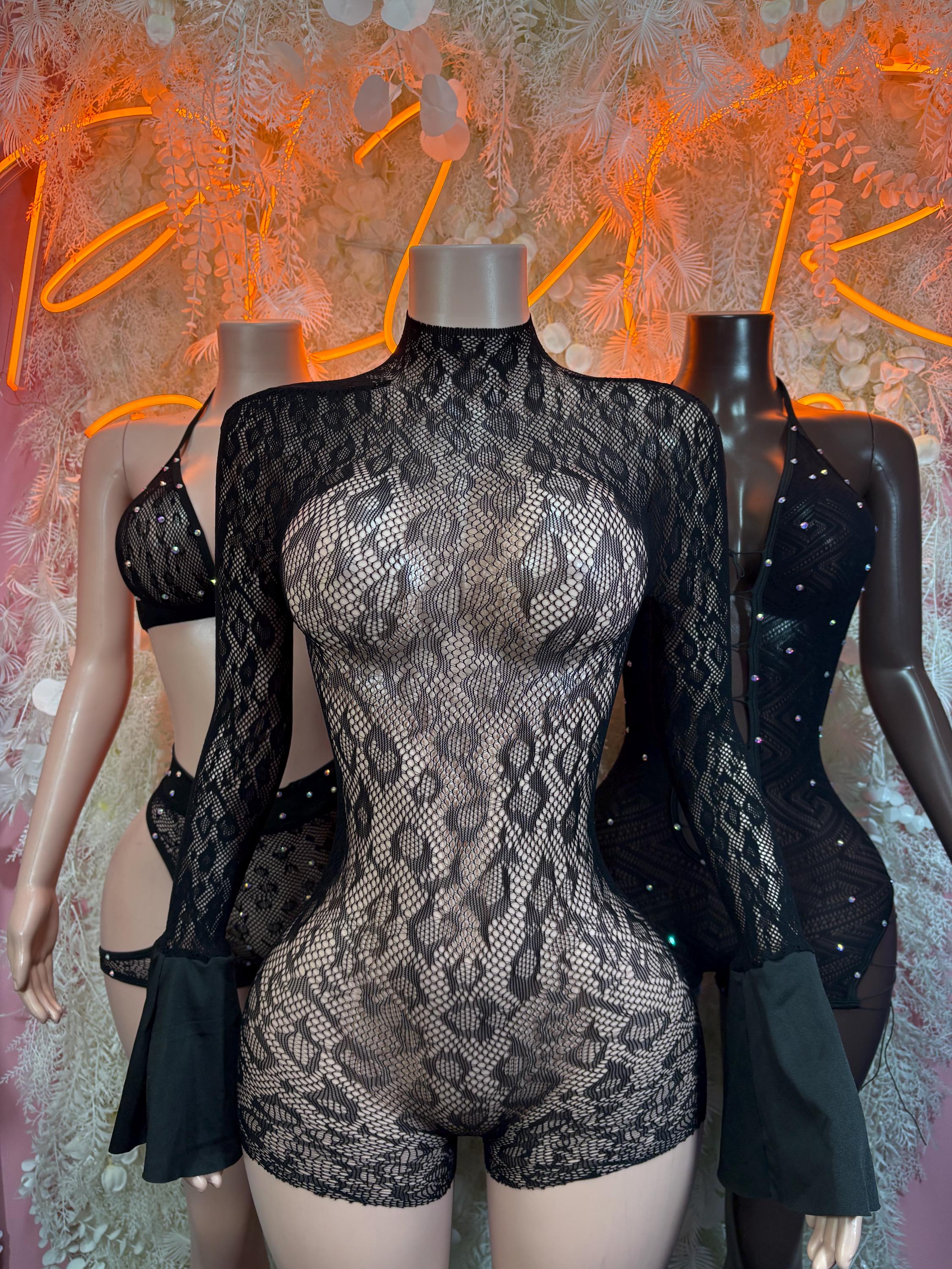 Black fishnet bodysuit with high-neck mesh bodice and tied front detailing