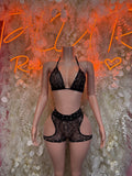 Black fishnet two-piece bodysuit with triangle bra top and high-cut bottoms