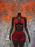 Red fishnet bodysuit with bra-style top and high-rise shorts, front view