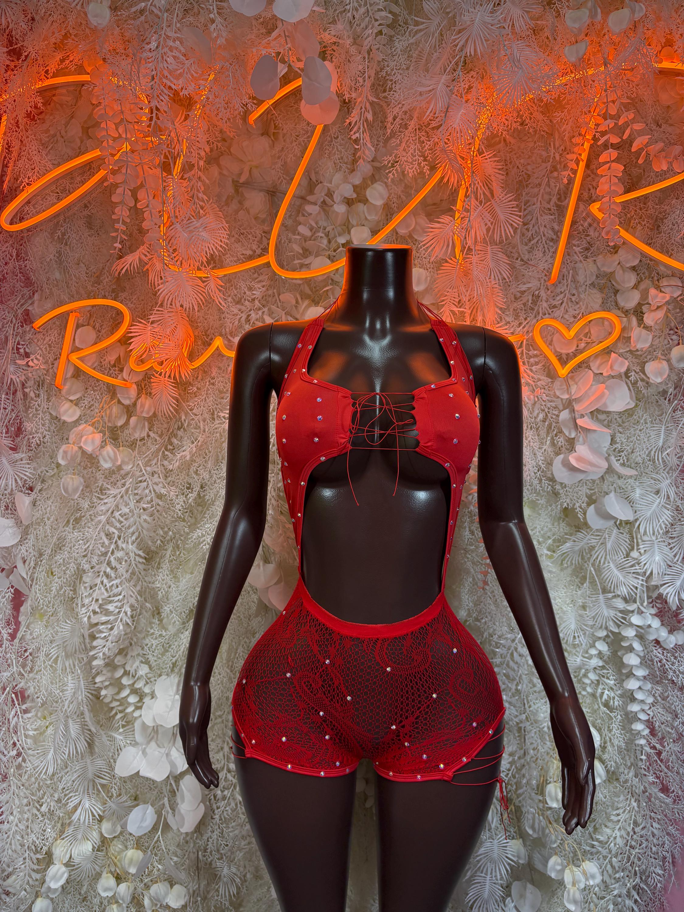 Red fishnet bodysuit with bra-style top and high-rise shorts, front view