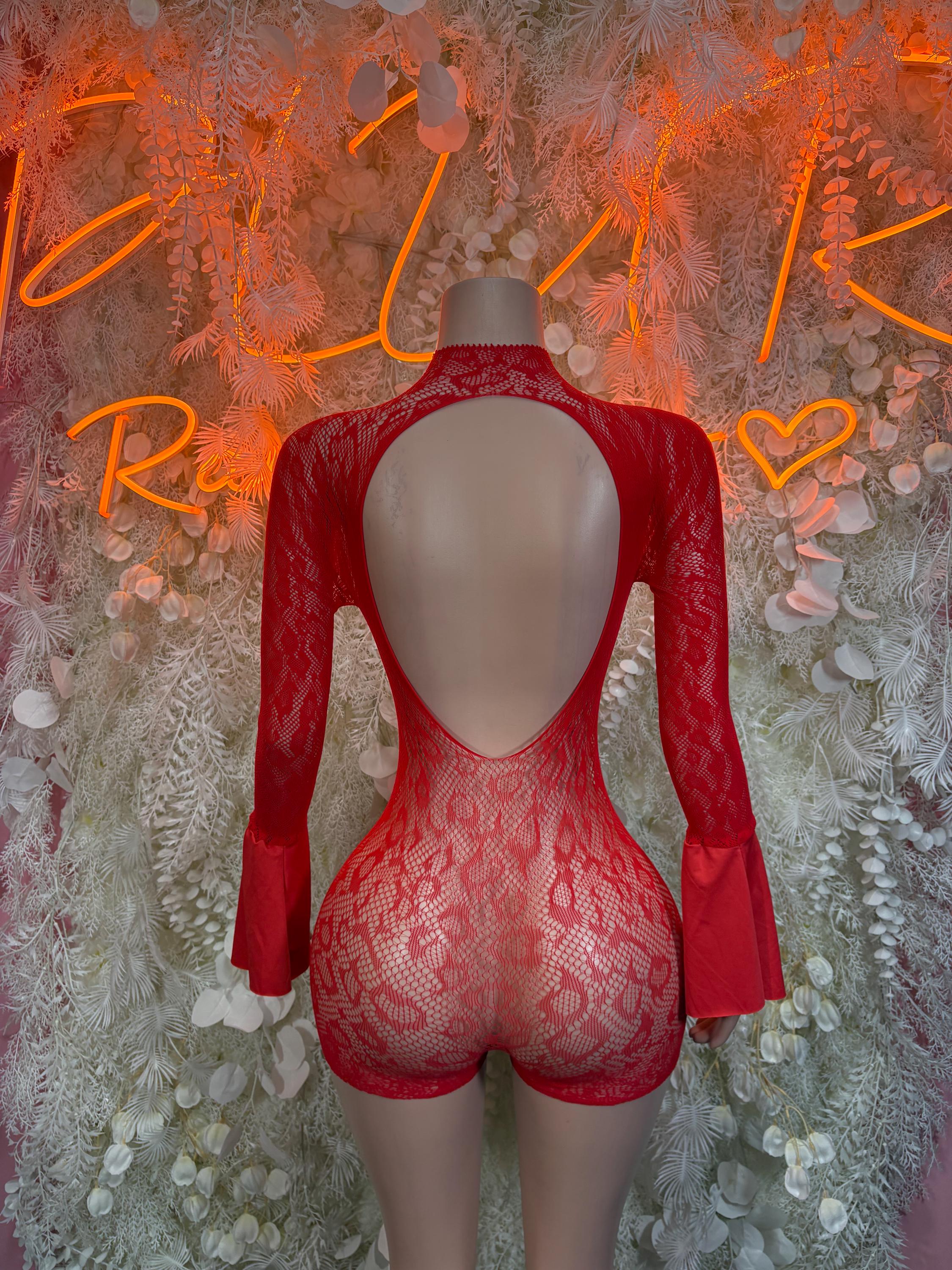 Red fishnet bodysuit with open back and long bell sleeves