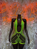 Green fishnet bodysuit with high scoop neckline and cutout thigh panels