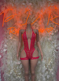 Red lace rhinestone bodysuit with deep V neckline and open back