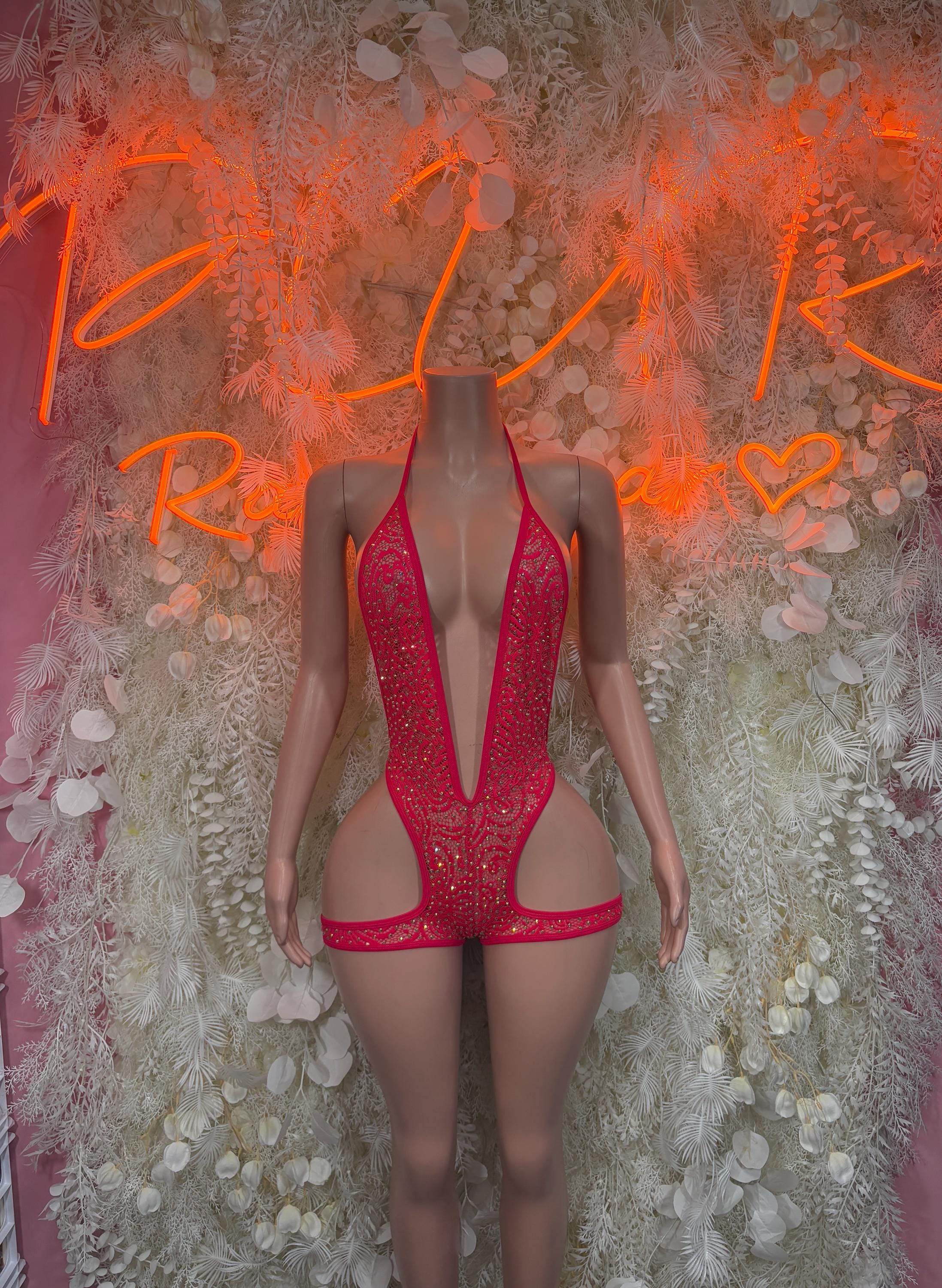 Red lace rhinestone bodysuit with deep V neckline and open back