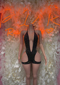 Black one-piece bodysuit with rhinestone V front and cutout legs, sleeveless