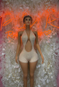 Rhinestone mesh one-piece bodysuit, nude/ivory scoop neck and short legs, front view