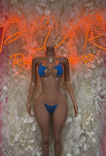 Two-piece bikini with blue rhinestone triangle cups and matching bottoms