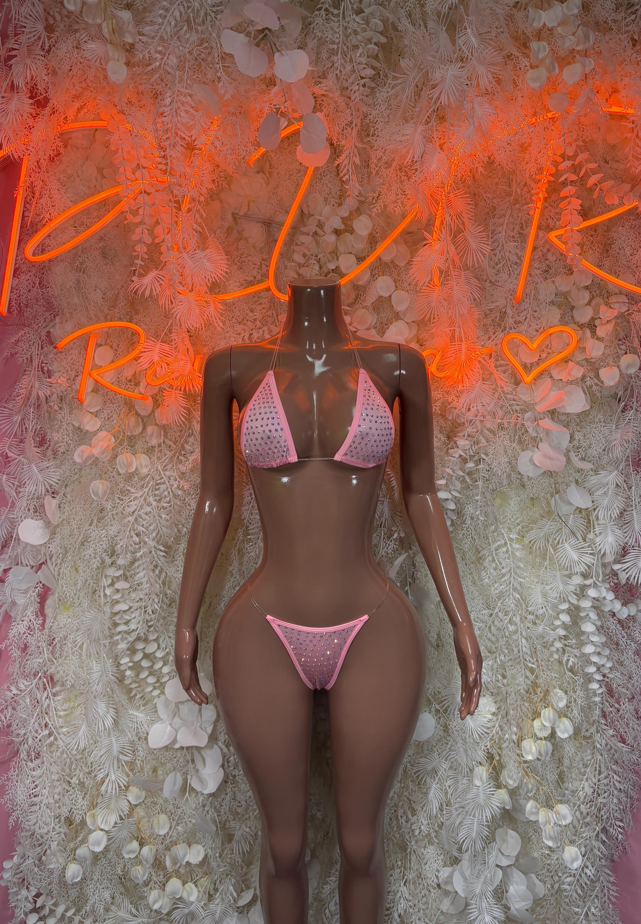 Pink rhinestone bikini set with heart details, halter bra and matching hip bottoms