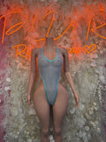Teal fishnet one-piece dancewear bodysuit with scoop neckline and front cutout