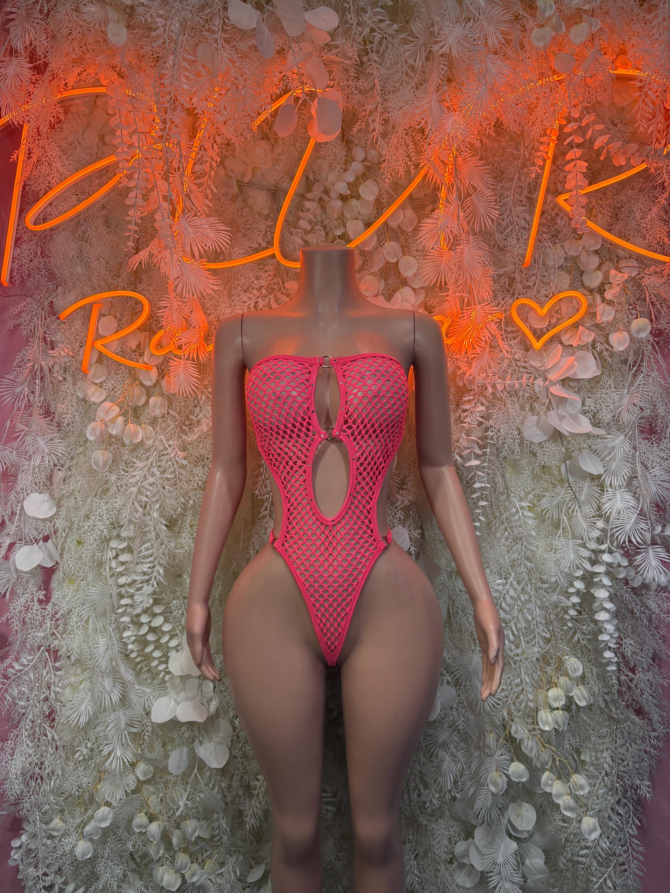 Coral mesh one-piece bodysuit with oval cutout front and high-leg sides