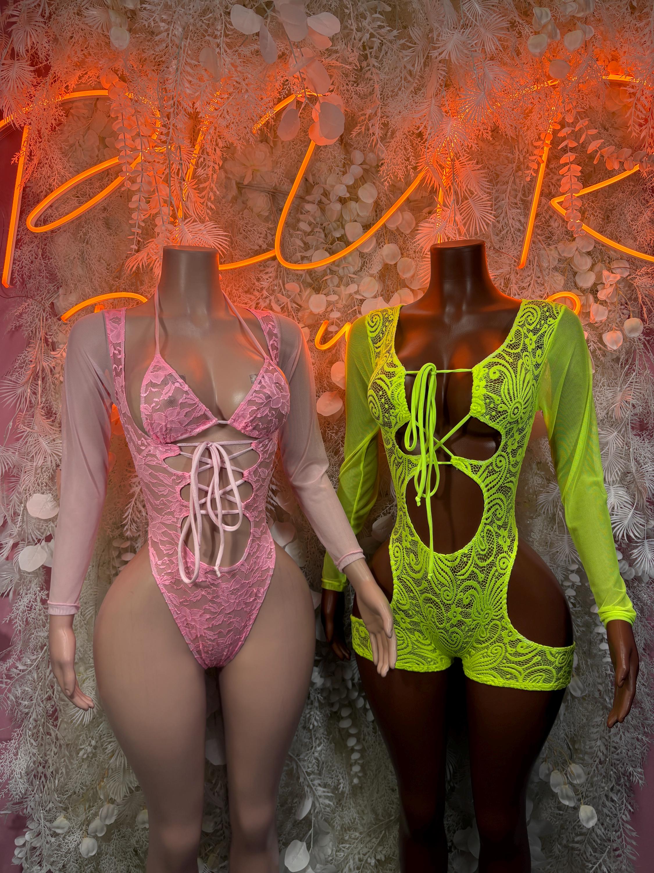 Pink and neon green lace long-sleeve bodysuits, front lace-up and cutout
