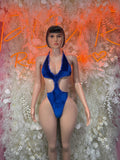 Blue velvet one-piece bodysuit with deep V neckline and halter straps