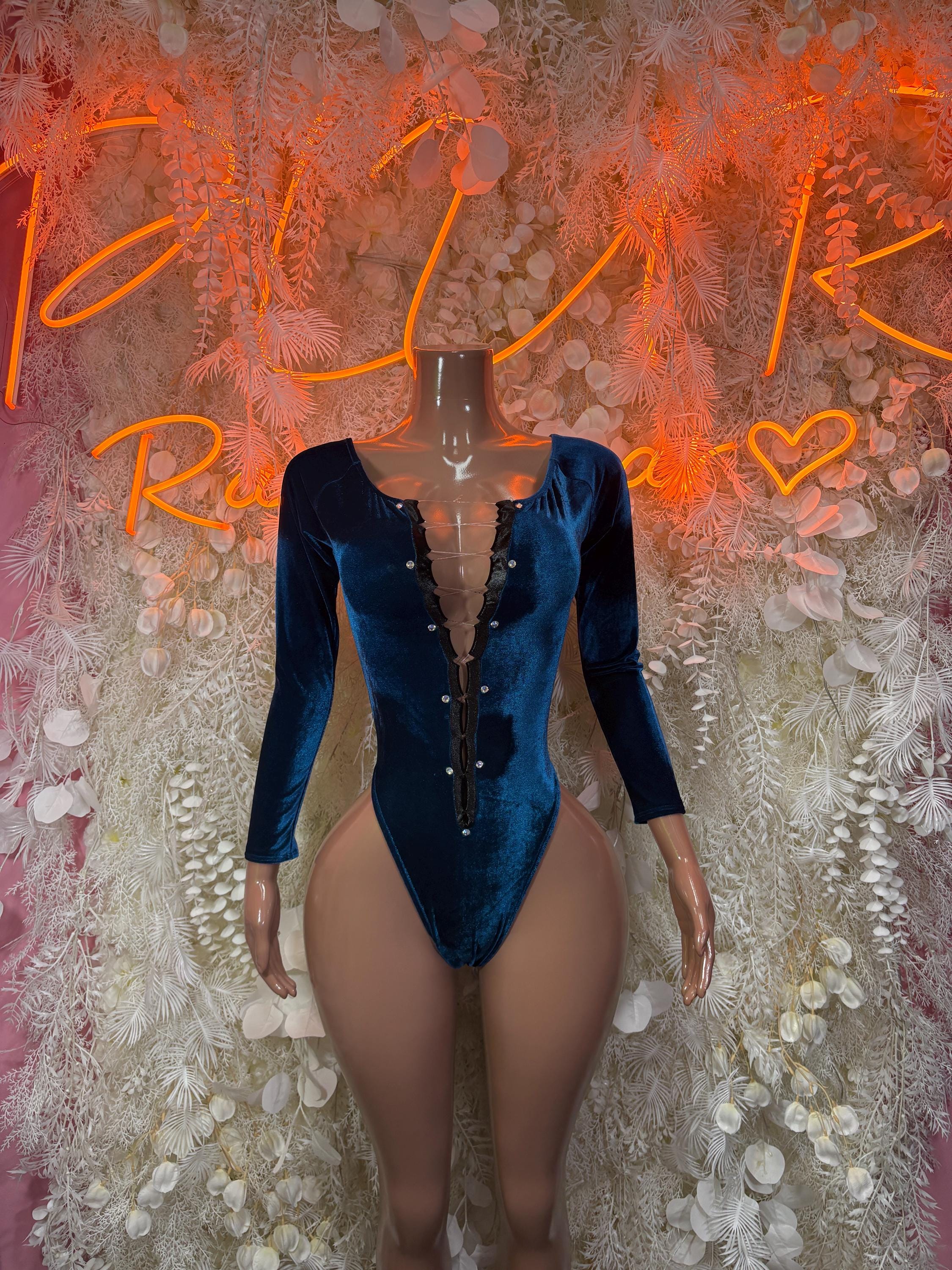Blue glitter long-sleeve bodysuit with deep V neckline and front button detail