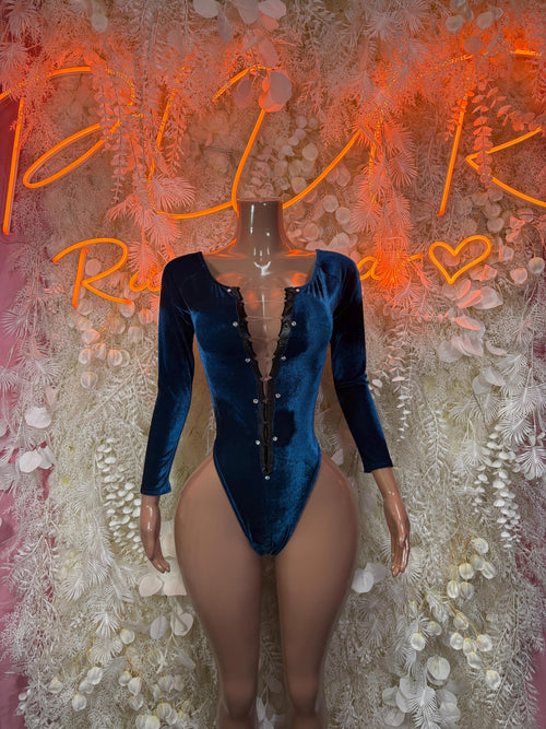 Blue velvet long-sleeve bodysuit with deep V front and button trim