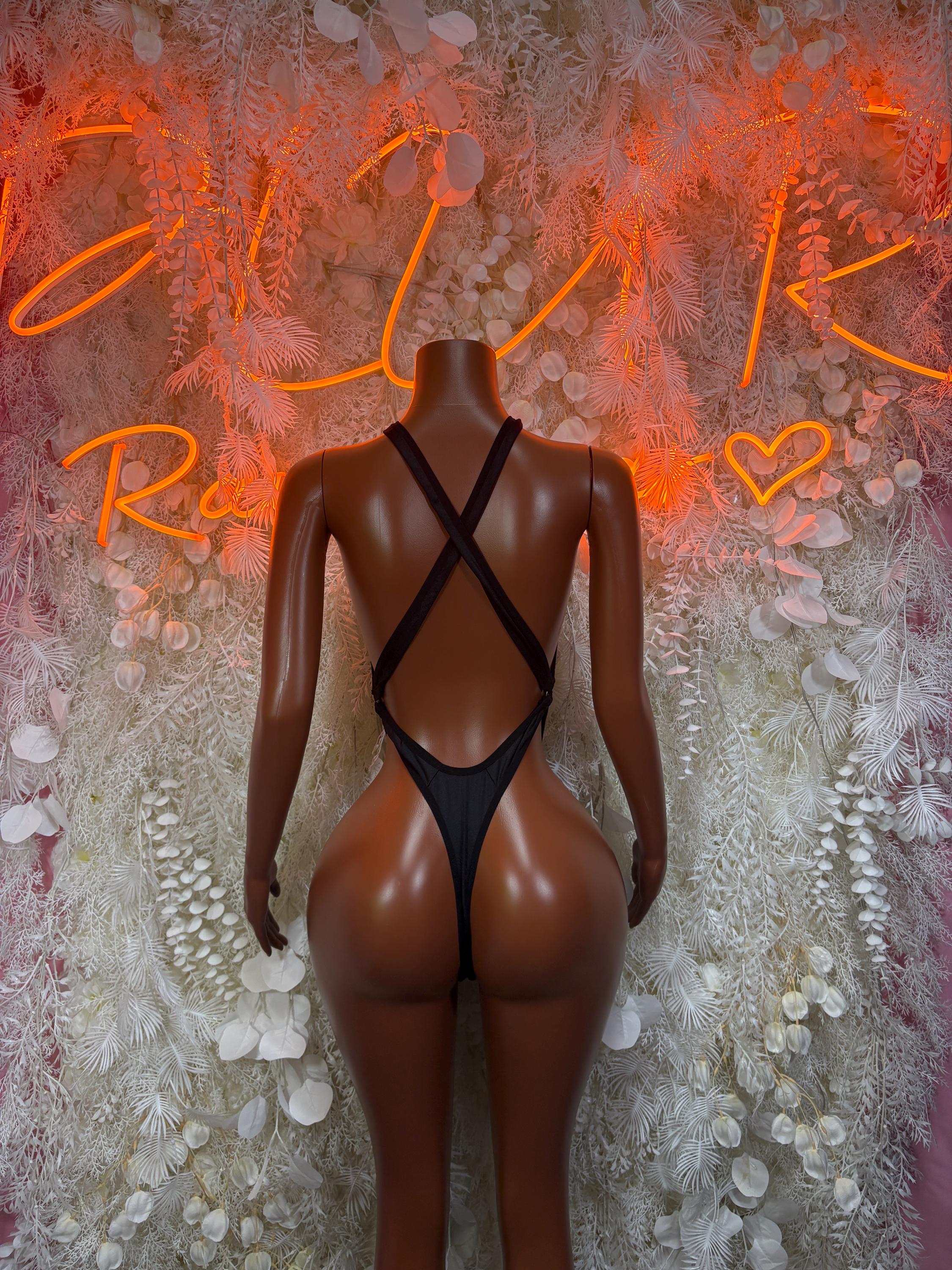 Black festival bodysuit with crisscross X-back straps and low scoop neckline
