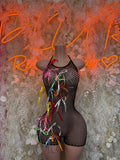 Black fishnet one-piece bodysuit with multicolor ribbon tassels at front