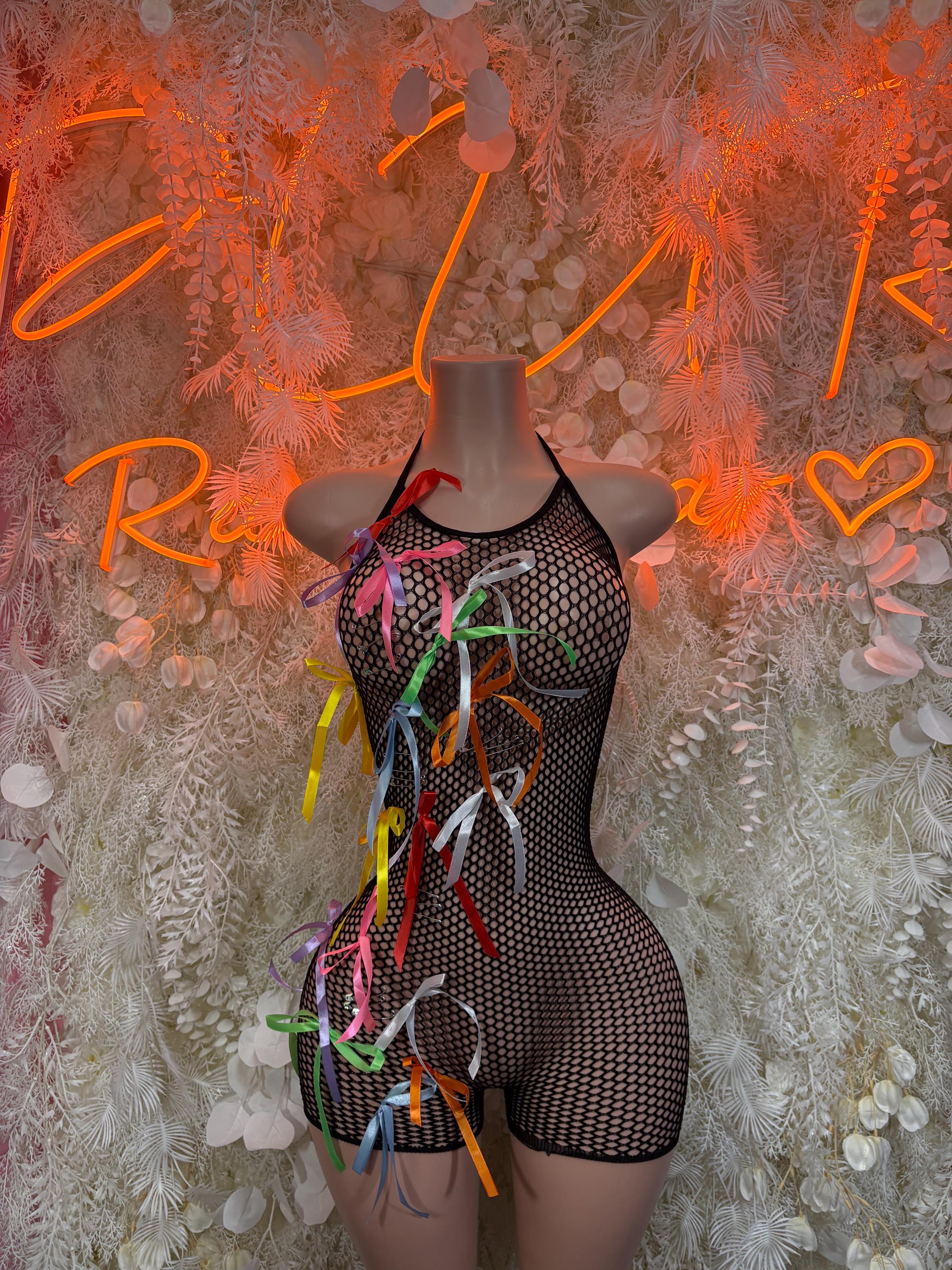 Black fishnet one-piece bodysuit with multicolor ribbon tassels at front