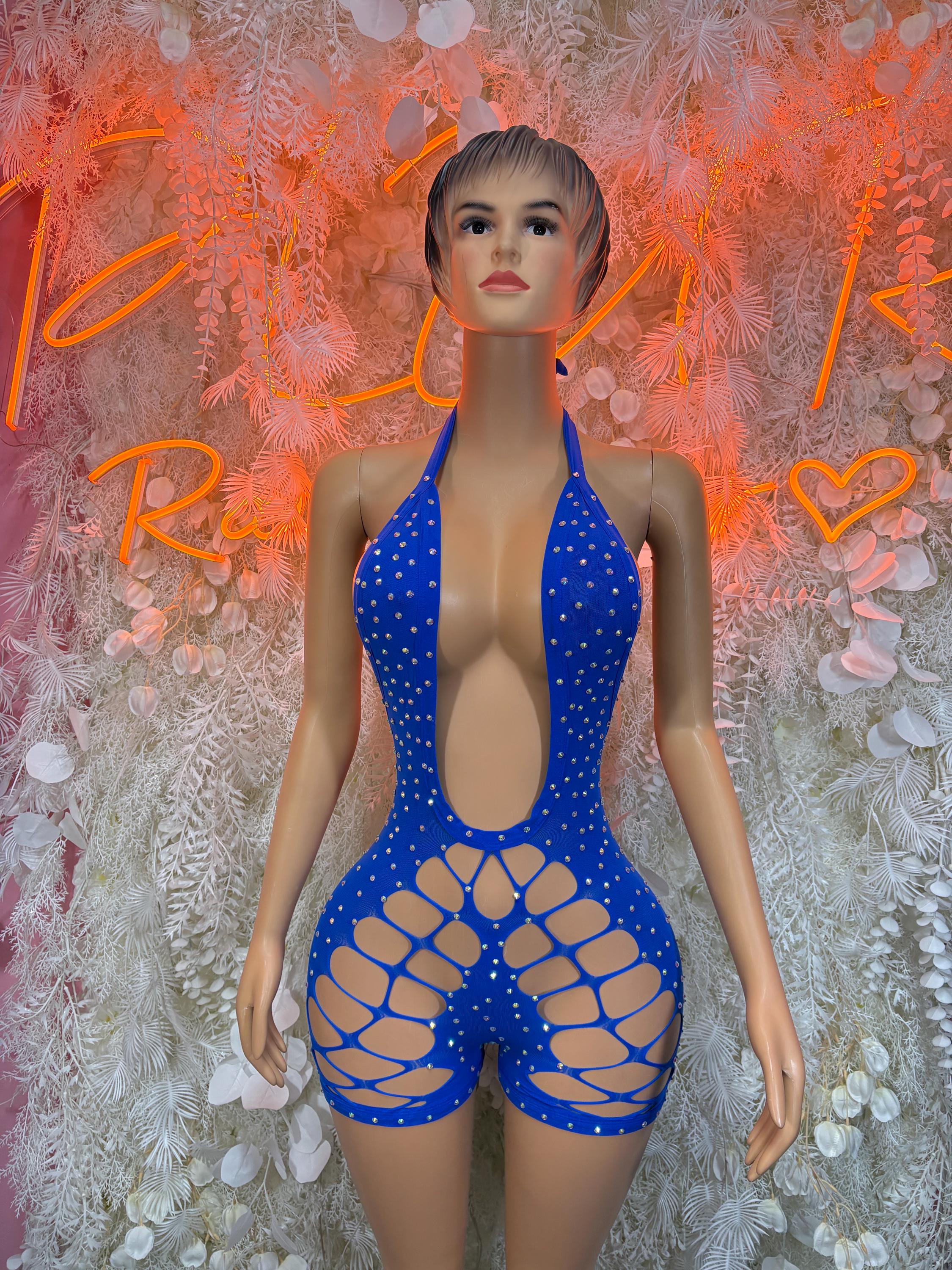 Blue halter one-piece dancewear with glitter dots and lattice cutout front