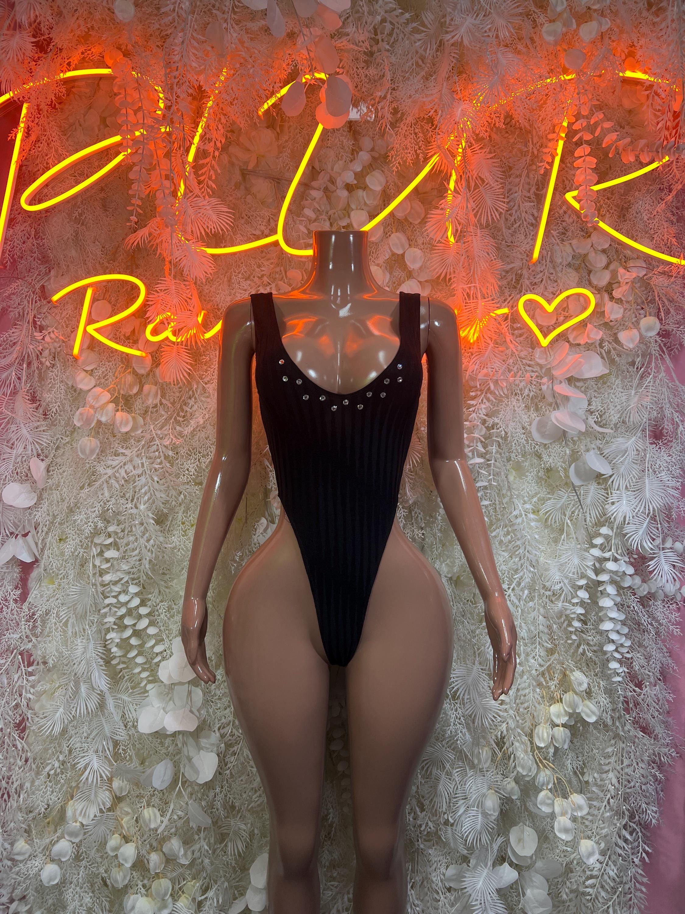 Black sheer mesh bodysuit with scoop neckline and cheeky cut