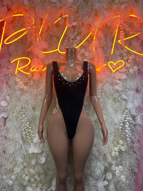 Black sheer mesh bodysuit with scoop neckline and cheeky cut