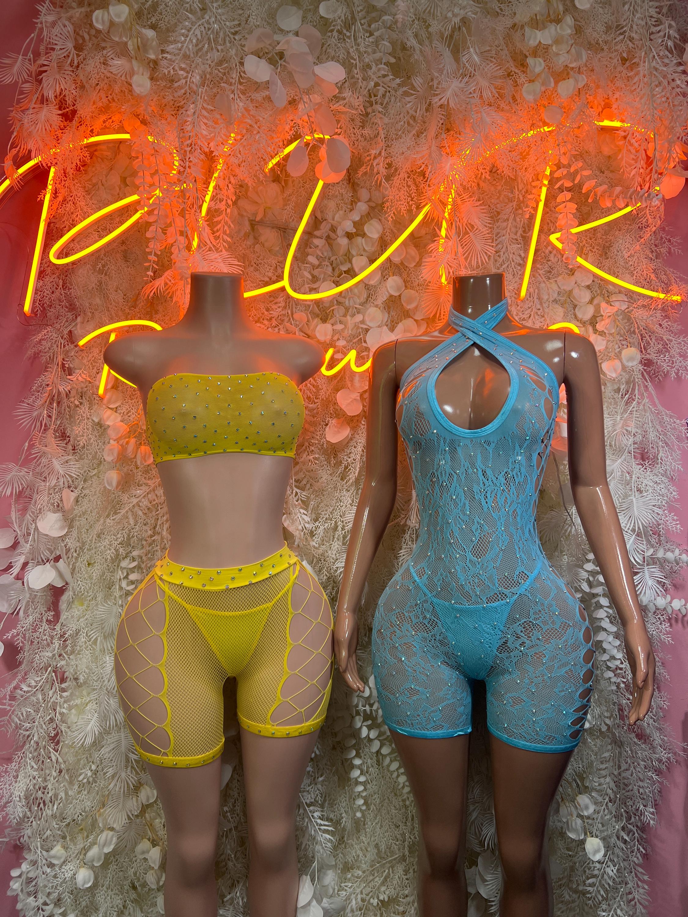 Yellow and blue fishnet one-piece bodysuits with high-cut shorts and mesh panels.