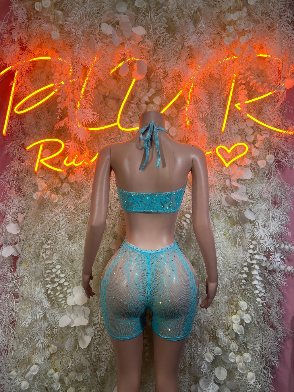 Blue fishnet bodysuit back with bow tie and glittery short set