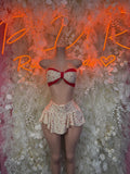 Two-piece heart top and white skirt set with bow