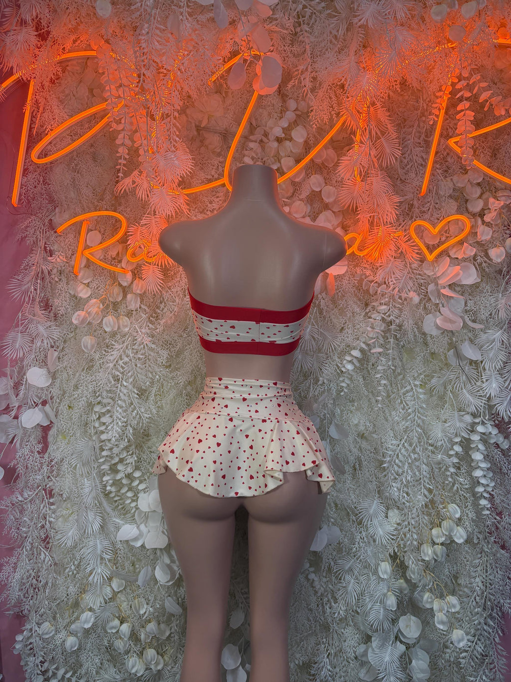 Two-piece heart top and white skirt set with red strap detail