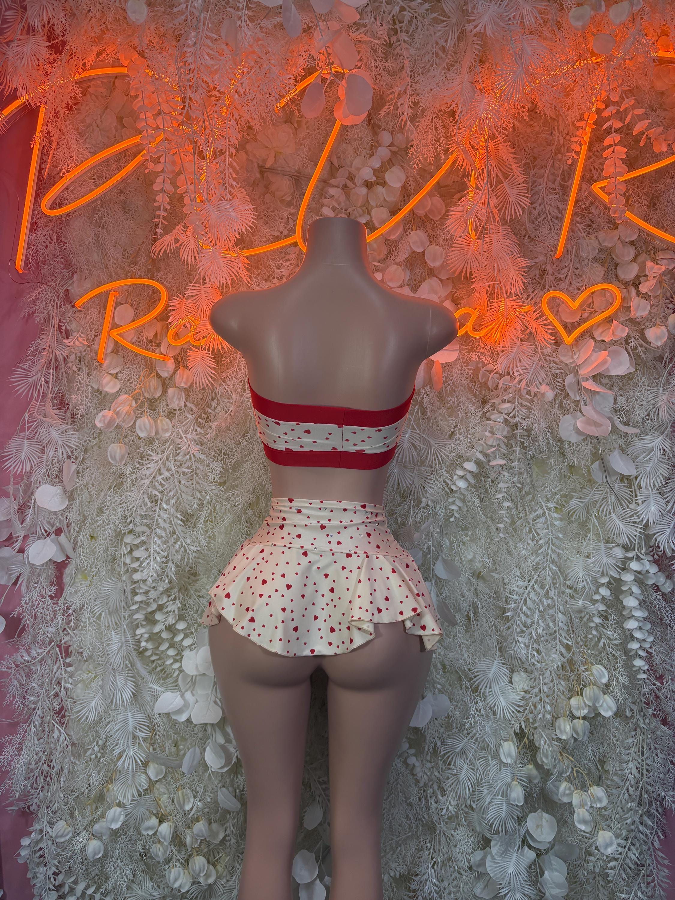 Two-piece heart top and white skirt set with red strap detail