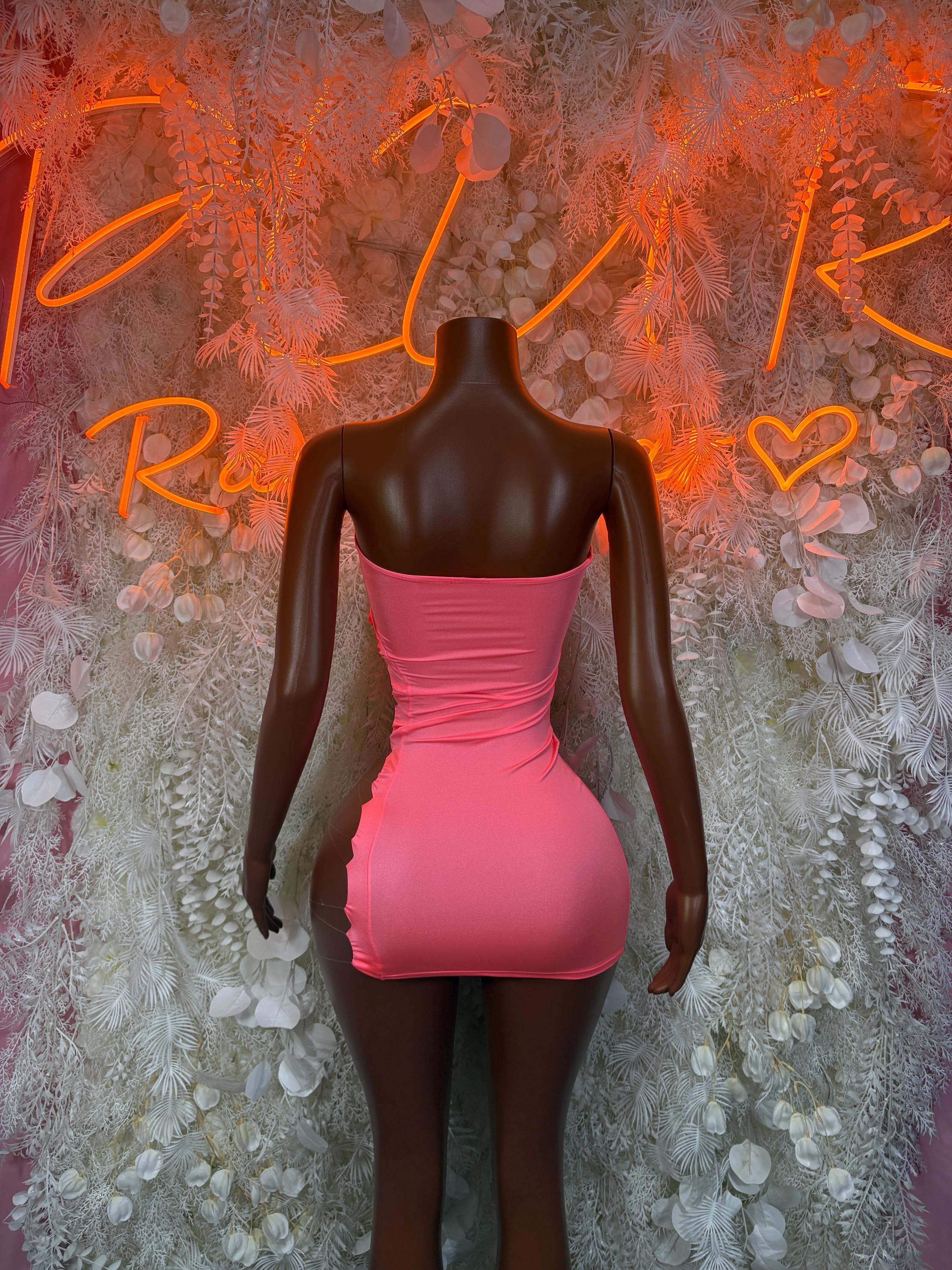 Pink ruched mini dress with scoop back, fitted sleeveless
