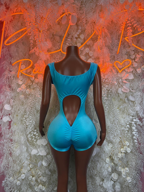 Turquoise blue sleeveless bodysuit with scoop back and heart-shaped cutout